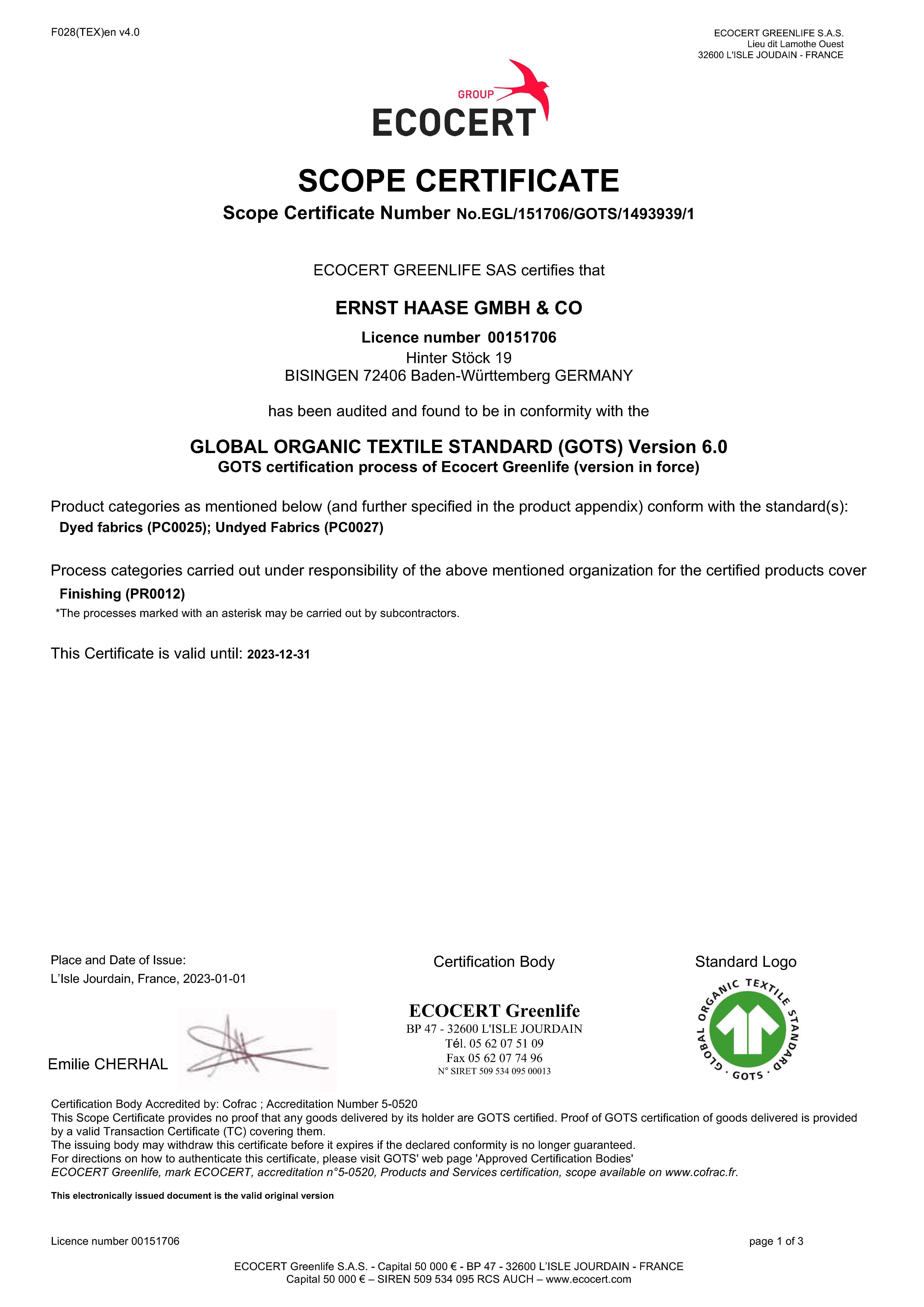 Zertifikat Global Organic Textile Standard